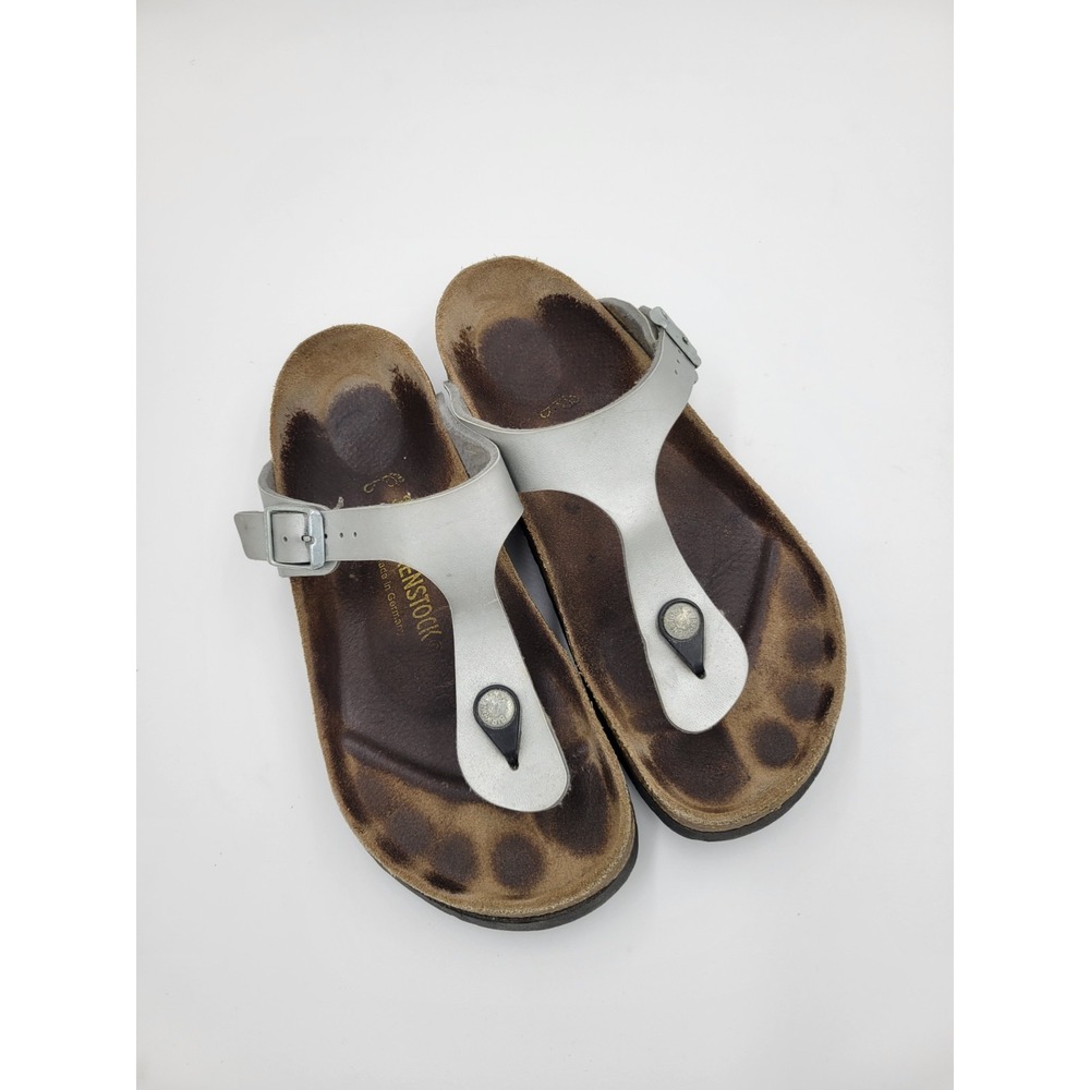 Papillio Birkenstock Gizeh Sandals‎ Sz 38 Silver Birko Flor Vegan Platform Thong